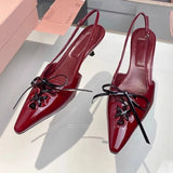 KYLETHOMASW  -   Designer High Heels Women Pointed Lace-up Slingback Sandals Female Patent Leather Stiletto Heels Bow Low Heel Muller Pumps Women