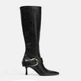 KYLETHOMASW  -  Pointed Toe High Heels Women's Boots Leather Buckle Knee-High Boots Women Designer Style Slip on Winter Sexy Thin Heel Booties 3