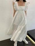 KYLETHOMASW  -  Summer Korean White Long Dress Women Ruffles Sweet Square Neck Backless A-Line Dress New Elegant Casual Women Clothes P739