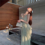 KYLETHOMASW  -  Sexy Backless Strapless Long Dress Women's Summer Vacation Green Loose A-Line Skirt Polyester V-Neck Sleeveless Casual Gown