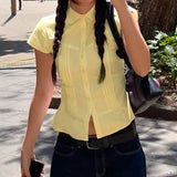 KYLETHOMASW  -  Solid Color Professional Women's Shirt Spring 2025 New V-Neck Pleated Girlish Age-Reducing Base Shirt Short Sleeve T-Shirt