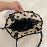 KYLETHOMASW  -  Vintage Black Polka Dot Canvas Tote Bag Leather Handle Drawstring Side Design Large Capacity Daily Shopping Shoulder Handbag