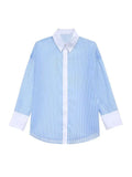 Kylethomasw  Spring Casual Shirt Woman 2024 Fashion Blue Striped Lapel Long Sleeve Single Breasted Female Elegant Transparent Blouse