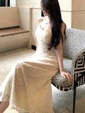 KYLETHOMASW  -  Sexy Lace Hollow Out Womens Dresses Elegant Camisole Sleeveless Princess Evening Party Dress Summer Office Ladies Chic Vestidos