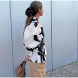 KYLETHOMASW  -  Elegant Flower Printed Women's Lace Up Shirt Chic Lapel V Neck Long Puff Sleeves Coat New Spring Lady Fashion Streetwear Shirts