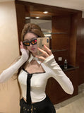 KYLETHOMASW  -  Y2K Hollow Out T Shirts Women Streetwear Sexy Lace Tie White Crop Tops Fashion Grunge Patchwork Long Sleeve Design Tees