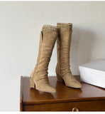 KYLETHOMASW  -  Autumn Winter Fashion Pleated Design Women Knee-High Boots Vintage Faux Suede Lace High heels Western Cowboy Long Booties Shoes