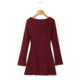 KYLETHOMASW  -  Sexy Wine red Flocking Flower Mesh Flare Sleeve Dress Woman Bow Square neck Package Hips A-line Mini Party Robe Bodycon