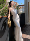 KYLETHOMASW  -  French Summer White Lace Sexy Club Slip Long Dress Women Yellow Backless Pleated Wrap Hip Fishtail Evening Dress 2025 Simplicity