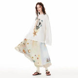 KYLETHOMASW  -  2025 Cat Print Contrasting Color Blending Spring Floral Mid Long Hem A-line Skirt Women Artistic Sweet Versatile Ins