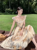 KYLETHOMASW  -  Floral Prints Midi Dresses for Women Vintage Fashion Elegant French Clothing Casual Holiday Beach Party Summer New