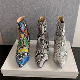 KIylethomasw Snake Print Pu Leather Women Ankle Boots Zip Pointed Toe Footwear Block High Heels Female Boot Winter Party Shoes Women New 43