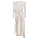 KYLETHOMASW  -  Women's White Off Shoulder Sheer Chiffon Beach Dress Long Sleeve Flowy Asymmetric Cover Swimwear