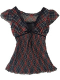 KYLETHOMASW  -  Japanese Vintage Plaid Patchwork T-shirt Women High Street Retro Sleeveless Crop Top New Y2k Harajuku Casual  Punk Clothing