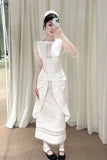 KYLETHOMASW  -  White Summer Sleeveless Dress Women's Spliced Lace Bow Loose Long Vest Dress K-Style Lightweight Instagrammable Photogenic