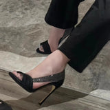 KYLETHOMASW  -  Spring and summer new pointed fish mouth rhinestone lace-trimmed hollow single shoes high-heeled banquet dress women's sandals