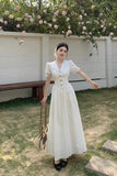 KYLETHOMASW  -  Summer French Style Dress for Women V Neck Short Sleeve Lace Trim Slim Fit Waist A Line Long Dress Elegant Flattering Design