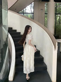 KYLETHOMASW  -  Women Summer Vintage Sweet Chic High Waist Elegant Party Dresses Fairy Solid Short Sleeve Slim Lace-up Beach Maxi Dress Vestidos