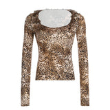 KYLETHOMASW  -  Autumn new retro leopard print long sleeved T-shirt with European and American round neck tight bottom top