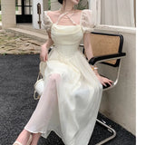 KYLETHOMASW  -  Summer Women Halter Midi Dress Elegant Female Chiffon Square Neck Party One Pieces Dresses French Solid New Vestidos Robe