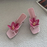 KYLETHOMASW  -  New Fashion Flower Women Thin Heels Pumps Slides Shoes Female Flip flops Square Toe Ladies Heeled Sandals Shoes Big Size 43