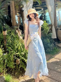 Kylethomasw 2024 Summer Fairy Puff Sleeve Slash Neck Blue Dress Women Elegant 3D Flower Decoration Chiffon High Waist Slim Princess Dresses