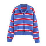 KYLETHOMASW  -  Hot Selling New Striped Knit Polo Shirt Spring V Neck Pullover Top Elegant Casual Style Daily Fashion Knitwear For Women