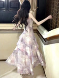 KYLETHOMASW  -  Vacation Style Purple Lace Trim Halter Dress Women Summer Irregular Beach Beautiful Atmosphere Long Skirt Soft Medium Printed