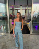 Kylethomasw  Fashion Sequins Denim Set Women Strapless Tunic Waist Crop Top and Wide Leg Pant Suit 2024 New 2 Piece Sets Outfits Tracksuit