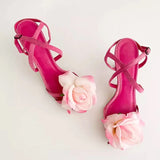 KYLETHOMASW  -  Pink Rose Flower Open-Toe Fuchsia Stiletto Sandals Woman Summer Cross Strap Slip-On Slingback High Heels Pumps Wedding