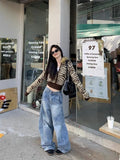 KYLETHOMASW  -  Zebra Print Knit Hooded Sweatshirt Sweater Fur Trimmed Retro Slim Long Sleeve Jacket Street Zip Up Full Winter Jumpers Coat