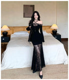 KYLETHOMASW  -  Black Patchwork Lace Sheer Sexy Ruffled Long Dress Women Elegant Chic Neck-mounted Dress Autumn Korean Bodycon Party Dress