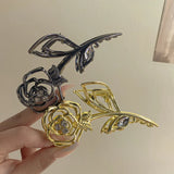 Kylethomasw Metal Rose Claw Clip for Elegant Women Rhinestones Flocking Hair Clips Clamp Grab Geometric Silver Shark Hair Accessories