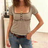 KYLETHOMASW  -  American Daily Striped Contrasting Square Neck Short Sleeved T-shirt Sexy Spicy Girl A-list Casual Basic Versatile Tops
