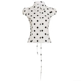 KYLETHOMASW  -  Polka dot short sleeved breasted shirt design with a cinched waist and tie, light and mature satin short commuter top