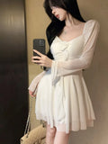 KYLETHOMASW  -  Woman Dress Sweet Sexy Flowers Long Sleeve Elegant Slim Mesh Patchwork Ruched Ruffles Party Mini Dresses Ladies