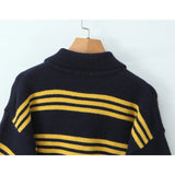 KYLETHOMASW  -  American Retro Lapel Collar Knitted Sweater For Women Long Sleeve Casual Loose Autumn Striped Pullovers