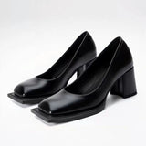 KYLETHOMASW  -  Luxury Designer Women's Pumps Sexy Square Toe Chunky Heel High Heels Black Soft Leather Elegant Evening Dress Shoes for Women