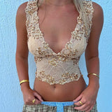 KYLETHOMASW  -  Women Sequined Lace Embroidery Tank Top Sleeveless Cami Tops V-neck Shiny Slim Fit Summer Clubwear for Daily Party