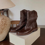 KYLETHOMASW  -  Women's Cowboy Boots Mid Calf Boots Western Short Embroidered Round Toe Low Heel Slip on Comfort Dress Slouchy Booties