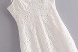 KYLETHOMASW  -  Women White Lace Hollow Out Embroidery With Wire Bra Chest Sling Mini Dress Romantic Backless Sling Party Club Bodycon Dresses