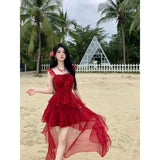 KYLETHOMASW  -  New Summer Vacation White Dress Irregular Hem Heavy Embroidery Fairy Tale Women's Dress Square Collar Fly Sleeve Beach Dress