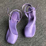 KYLETHOMASW  -  Women's Leather Sandals Square Toe Ankle Strap Chunky Heel Elegant Party Evening Shoes Fashionable Summer Footwear