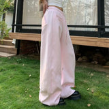 KYLETHOMASW  -  Vintage Streetwear Loose Sport Long Trousers Women Versatile Casual Elastic Waist Drawstring Wide Leg Pink Pants 086B