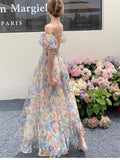 KYLETHOMASW  -  Women's French Puff Sleeves Floral Long Dress Summer Korean Fashion Cool and Breathable Bare Shoulder Vestidos Robe
