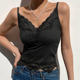 KYLETHOMASW  -  Lace lace patchwork groove strip deep V-neck small suspender new women's revealing navel sexy slim fit vest