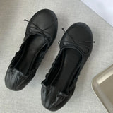 KYLETHOMASW  -  Women's Soft Leather Bow Ballet Flats Ruched Opening Round Toe Slip-on Flat Shoes Comfy Ladies Office Daily Walking Footwear