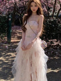 KYLETHOMASW  -  Chic Elegant Coquette Princess Pink Sakura Strapless Lace Tulle Sheer Mesh Formal Dress Women Girls Summer Evening Party Wear