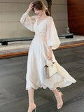 KYLETHOMASW  -  Vintage Elegant V-neck Pleated White Dresses for Women Summer Boho High Quality Party Femme Lantern Sleeve Fairy Princess Dress