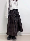 KYLETHOMASW  -  Vintage Skirts Women Plaid Ruffles Patchwork Stretch High Waist Loose Vintage Fashion Sweet Elegant Long Skirt Casual